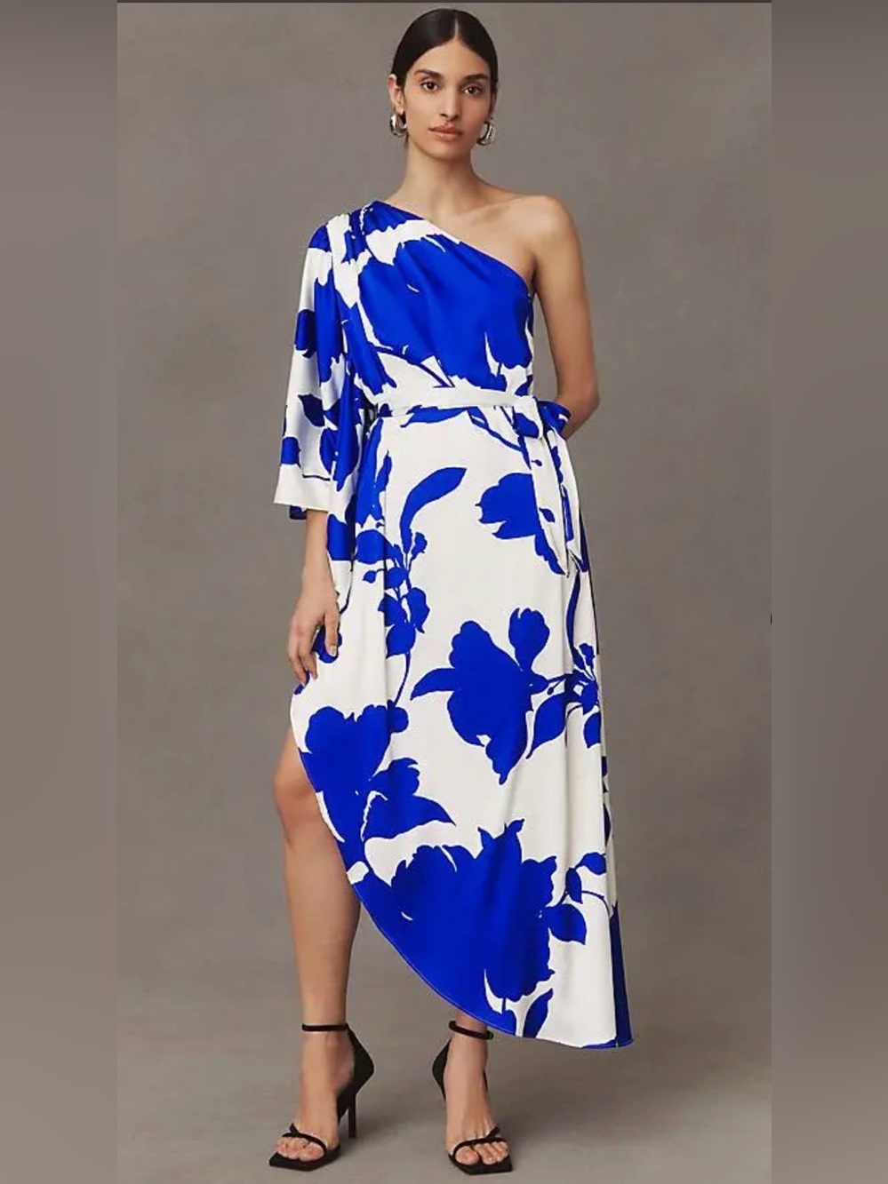 Hutch One-Shoulder White Dress with Royal Blue Floral Print - 12P - EUC